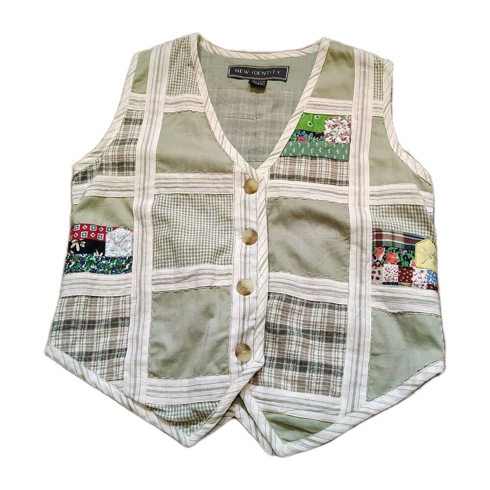 Vintage 90s Cottagecore Patchwork Quilted Vest Size Small Plaid Button Front